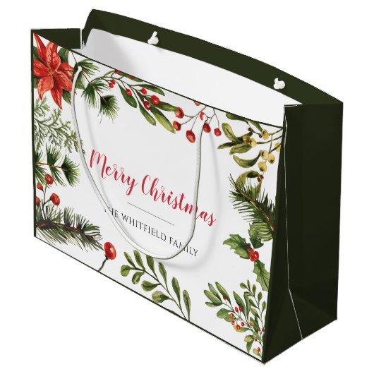 Vrolijk kerstfeest Naam Berries Greenery Groot Cadeauzakje (Achterkant Gekanteld)