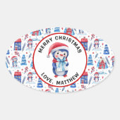 Vrolijk Kerstfeest & Naam op 4 Pinguïn Patroon Ovale Sticker (Voorkant)