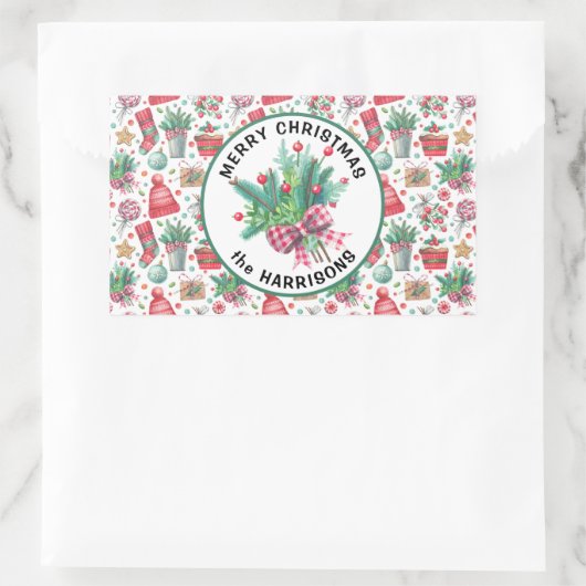 Vrolijk Kerstfeest & Naam op 4 Vakantiepatroon Rechthoekige Sticker (Tas)