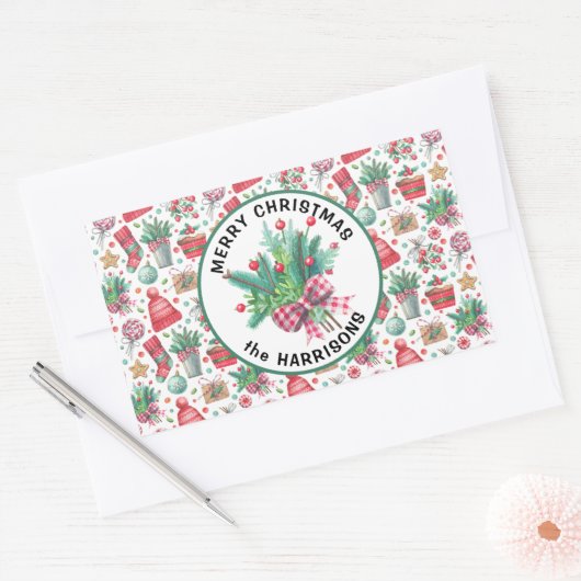 Vrolijk Kerstfeest & Naam op 4 Vakantiepatroon Rechthoekige Sticker (Envelop)