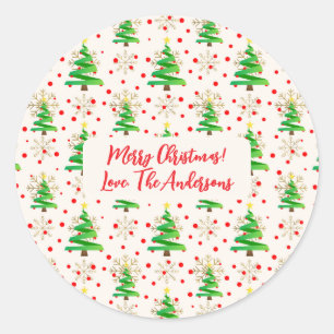 "Vrolijk Kerstfeest" Namen, Bomen & Gouden Sneeuwv Ronde Sticker