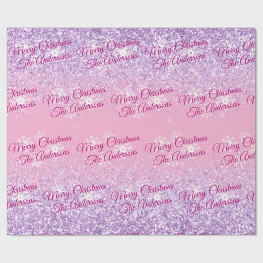 Vrolijk kerstfeest, namen, fuchsia script, glitter cadeaupapier (Vlak)