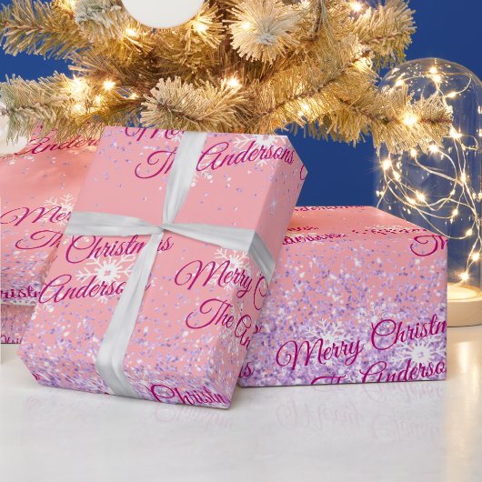 Vrolijk kerstfeest, namen, fuchsia script, glitter cadeaupapier (Feestdagen)