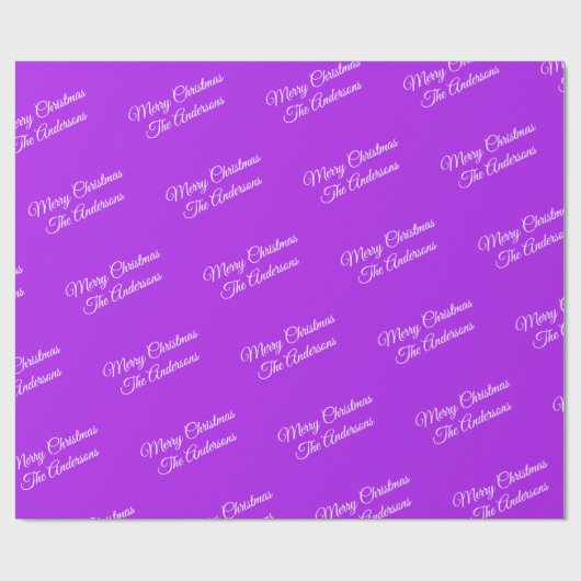 Vrolijk kerstfeest, namen, wit script op Paarse Cadeaupapier (Vlak)