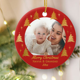 Vrolijk Kerstfeest Nanna & Opa - Rood Goud Foto Keramisch Ornament