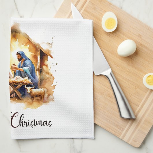 Vrolijk kerstfeest Nativiteit Theedoek (Quarter Fold)