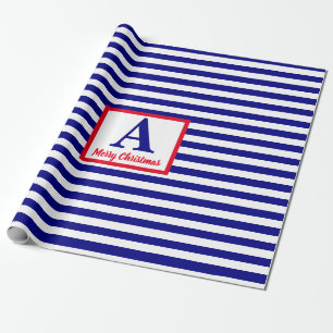 Vrolijk kerstfeest Nautisch Monogram Rood Blauw Wi Cadeaupapier