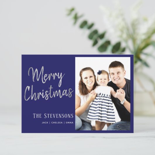 vrolijk kerstfeest | Navy Blue Silver Grey fotokaa Kaart (Staand voorkant)