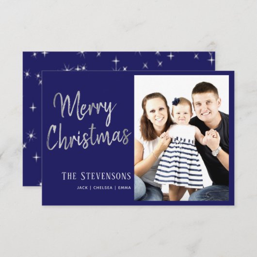 vrolijk kerstfeest | Navy Blue Silver Grey fotokaa Kaart (Voorkant / Achterkant)