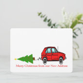 Vrolijk kerstfeest Nieuw adres Auto en boom Feestdagenkaart (Staand voorkant)