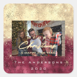 Vrolijk Kerstfeest Nieuw Goud Glitter Foto Bourgon Vierkante Sticker