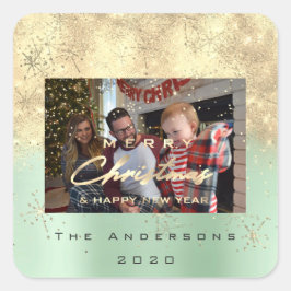 Vrolijk Kerstfeest Nieuw Sepia Gold Glitter Foto M Vierkante Sticker