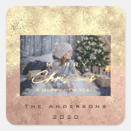 Vrolijk Kerstfeest Nieuw Sepia Gold Glitter Foto P Vierkante Sticker