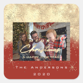 Vrolijk Kerstfeest Nieuw Sepia Gold Glitter Foto R Vierkante Sticker