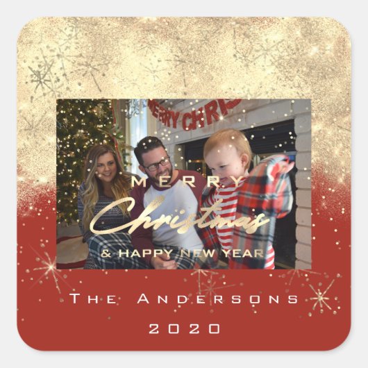 Vrolijk Kerstfeest Nieuw Sepia Gold Glitter Foto R Vierkante Sticker (Voorkant)