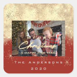 Vrolijk Kerstfeest Nieuw Sepia Gold Glitter Foto R Vierkante Sticker