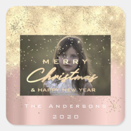 Vrolijk Kerstfeest Nieuw Sepia Gold Glitter Foto R Vierkante Sticker
