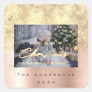 Vrolijk Kerstfeest Nieuw Sepia Gold Glitter Foto V Vierkante Sticker