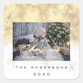 Vrolijk Kerstfeest Nieuw Sepia Gold Glitter Foto W Vierkante Sticker