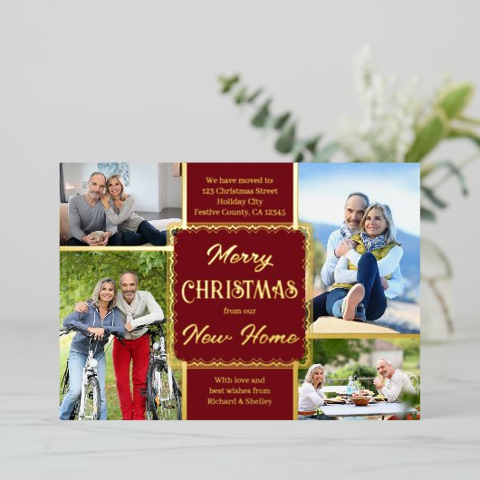 Vrolijk kerstfeest Nieuw startpunt 4 Foto rood en  Folie Feestdagenkaart (Staand Voorkant)