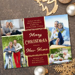 Vrolijk kerstfeest Nieuw startpunt 4 Foto rood en  Folie Feestdagenkaart<br><div class="desc">Geef deze luxe goudfolie kerst aan vanaf New Home Card met vier van uw favoriete foto's. Het centrum van de kaart heeft een decoratief lijst met de tekst "Vrolijk kerstfeest uit ons nieuwe huis" (dat je kunt veranderen in "mijn" kleertjes, paren en families). Het heeft een traditioneel kleurenpalet van rood...</div>