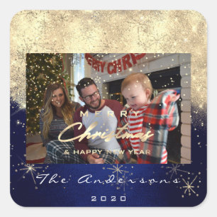 Vrolijk kerstfeest Nieuwe Gold Glitter Photo Navy Vierkante Sticker