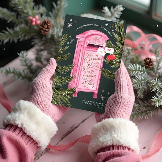 Vrolijk Kerstfeest Nieuwe Home Fun  Roze Mailbox Feestdagenkaart