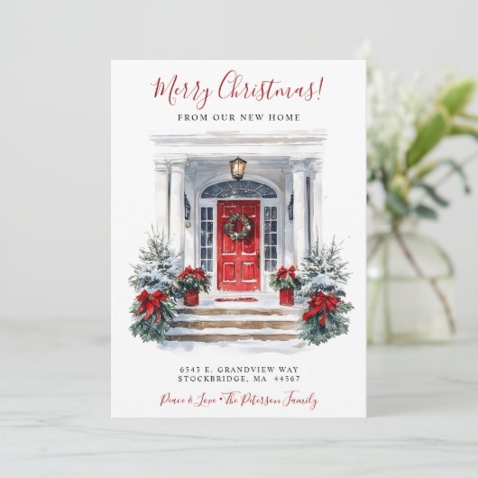 Vrolijk Kerstfeest Nieuwe Home Rode Deur Verhuizen Aankondiging (Staand voorkant)