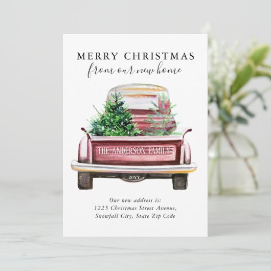 Vrolijk kerstfeest Nieuwe  Red Truck Moving Home Aankondiging (Staand voorkant)