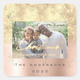 Vrolijk kerstfeest Nieuwe Sepia Gold Glitter Foto Vierkante Sticker