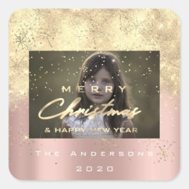Vrolijk kerstfeest Nieuwe Sepia Gold Glitter Foto Vierkante Sticker