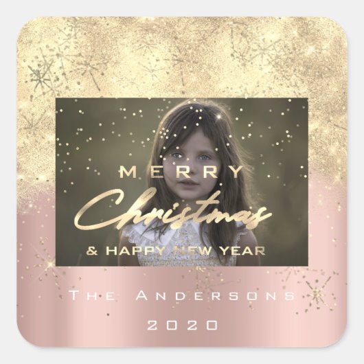 Vrolijk kerstfeest Nieuwe Sepia Gold Glitter Foto  Vierkante Sticker (Voorkant)