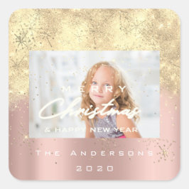 Vrolijk kerstfeest Nieuwe Sepia Gold Glitter Foto Vierkante Sticker