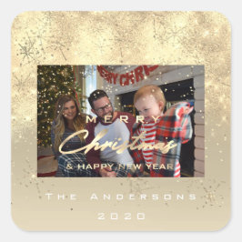 Vrolijk kerstfeest Nieuwe Sepia Gold Glitter Foto Vierkante Sticker