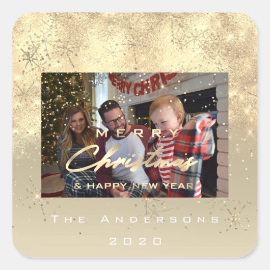 Vrolijk kerstfeest Nieuwe Sepia Gold Glitter Foto  Vierkante Sticker (Voorkant)