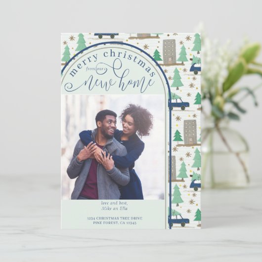 Vrolijk kerstfeest Nieuwe startfoto auto's en appa Aankondiging (Staand voorkant)