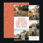 Vrolijk kerstfeest Nieuwjaar 4 Foto Collage Red Feestdagenkaart<br><div class="desc">Deze stijlvolle 4-fotovakantiekaart is uitgerust met een handgeschreven stijlgroet en een fotocollage. Het omgekeerde kenmerkt een drijvend puntpatroon. Alle kleuren zijn aanpasbaar.</div>