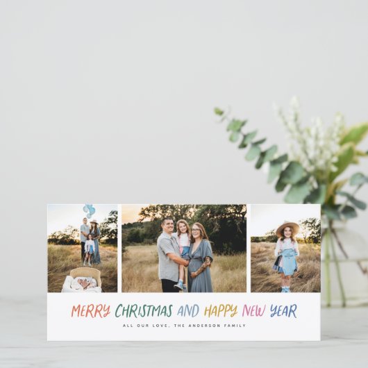 Vrolijk kerstfeest Nieuwjaar Kleurrijk 3 Foto Coll Feestdagenkaart (Staand voorkant)