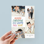 Vrolijk kerstfeest Nieuwjaar Kleurrijk 4 Foto Coll Feestdagenkaart<br><div class="desc">Deze stijlvolle en feestelijke multifotokaart is voorzien van een handgeschreven, stijlvol type in heldere kleuren met een fotocollage waarop vier van uw foto's te zien zijn. De achterkant kenmerkt een drijvend puntpatroon in passende kleuren. Voeg enkel uw foto's en tekst met een paar kranen en kliks toe en u wordt...</div>