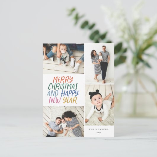 Vrolijk kerstfeest Nieuwjaar Kleurrijk 4 Foto Coll Feestdagenkaart (Staand voorkant)
