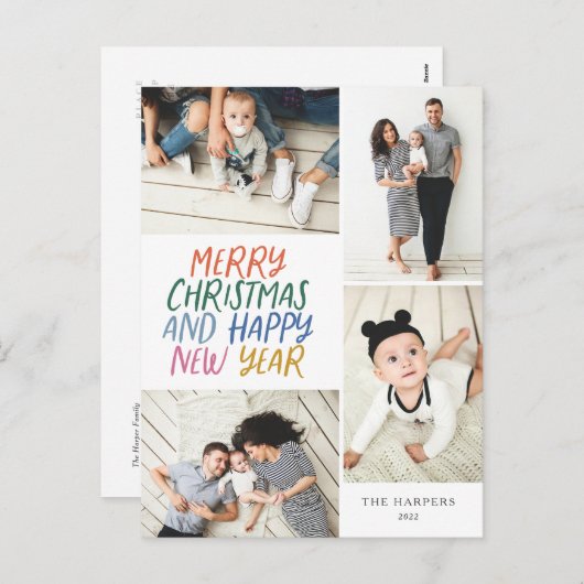 Vrolijk kerstfeest Nieuwjaar Kleurrijk 4 Foto Coll Feestdagenkaart (Voorkant / Achterkant)