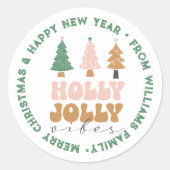 Vrolijk Kerstfeest & Nieuwjaar retro groene typogr Ronde Sticker (Voorkant)