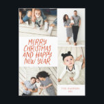 Vrolijk kerstfeest Nieuwjaar Rood 4 Foto Collage Feestdagenkaart<br><div class="desc">Dit stijlvolle en feestelijke multi-fotovakantie-briefkaart is uitgerust met een handgeschreven, stijlvol type met een fotocollage waarop vier van uw foto's te zien zijn. Op de achterzijde kunt u uw retouradres en een vooraf gedrukt aangepast bericht toevoegen voor een eenvoudige en snelle e-mailing met een vakantiekaart. Voeg enkel uw foto's en...</div>