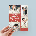 Vrolijk kerstfeest Nieuwjaar Rood 4 Foto Collage Feestdagenkaart<br><div class="desc">Deze stijlvolle en feestelijke multifotokaart is voorzien van een handgeschreven, stijlvol type met een fotocollage waarop vier van uw foto's te zien zijn. De achterkant kenmerkt een drijvend puntpatroon in passende kleuren. Voeg enkel uw foto's en tekst met een paar kranen en kliks toe en u wordt gedaan. Om nog...</div>