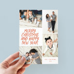 Vrolijk kerstfeest Nieuwjaar Rood 4 Foto Collage Feestdagenkaart<br><div class="desc">Deze stijlvolle en feestelijke multifotokaart is voorzien van een handgeschreven, stijlvol type met een fotocollage waarop vier van uw foto's te zien zijn. De achterkant kenmerkt een drijvend puntpatroon in passende kleuren. Voeg enkel uw foto's en tekst met een paar kranen en kliks toe en u wordt gedaan. Om nog...</div>