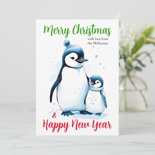 Vrolijk Kerstfeest Nieuwjaar Schattigee Waterverf Feestdagenkaart (Staand voorkant)