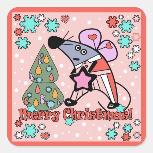 Vrolijk kerstfeest Nieuwjaar Symbool Mouse Cartoon Vierkante Sticker (Voorkant)