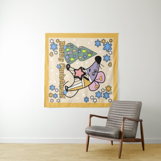 Vrolijk kerstfeest Nieuwjaar Symbool Mouse Cartoon Wandkleed (In Situ (horizontaal))