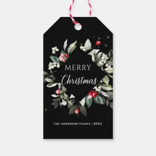 Vrolijk kerstfeest | Noel Holly Berries Gift Label Cadeaulabel (Voorkant)