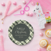 Vrolijk Kerstfeest Olive Green Plaid Script Rustie Papieren Bordje (Feest)